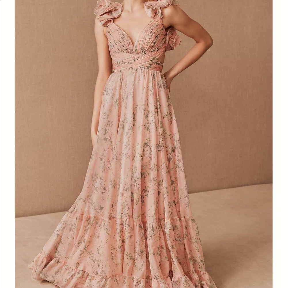 Mac Duggal Floral Ruffle Tiered Lace-Back Gown